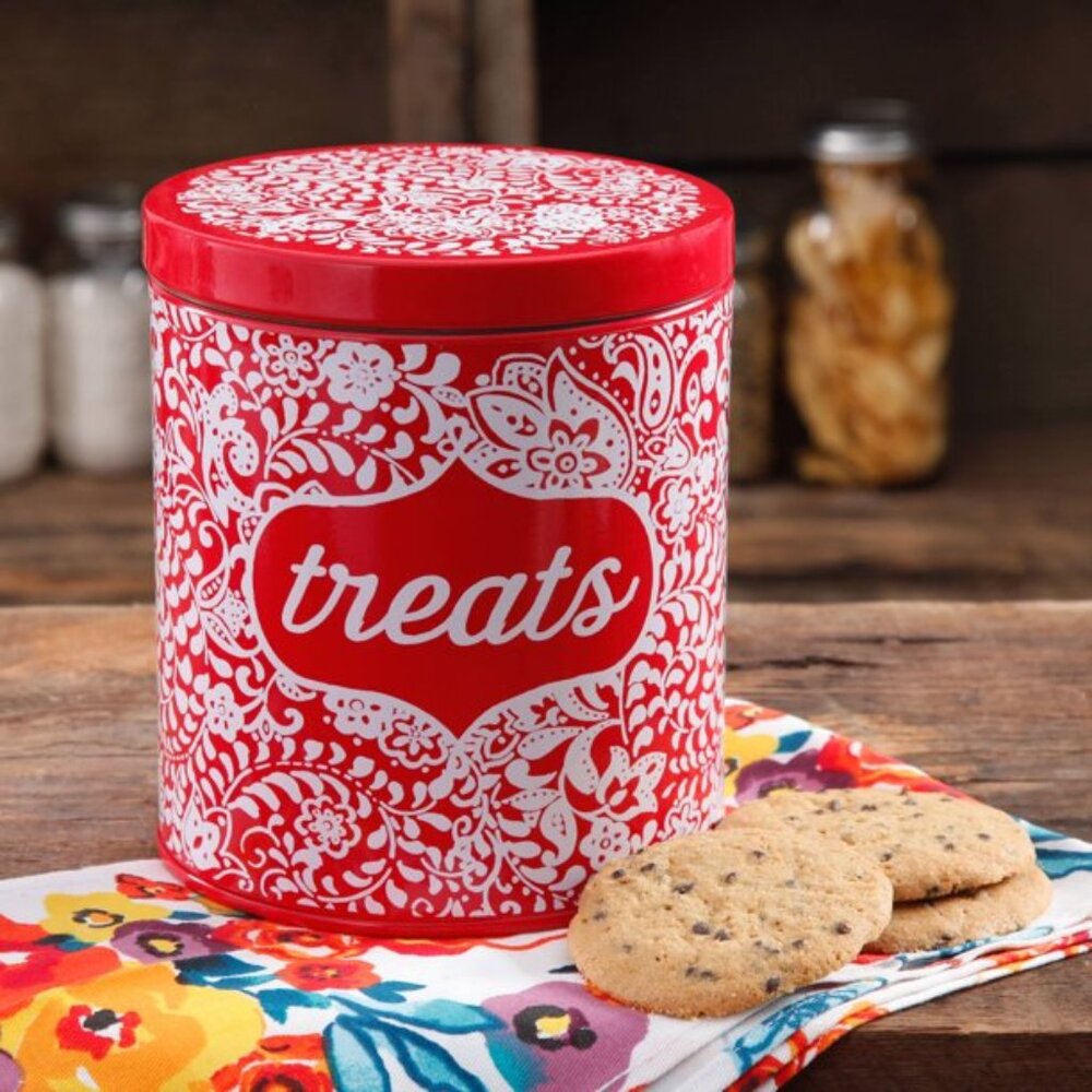 Pioneer Woman Canister Treat Tin with Lid Traveling Vines Flea Market Red Floral